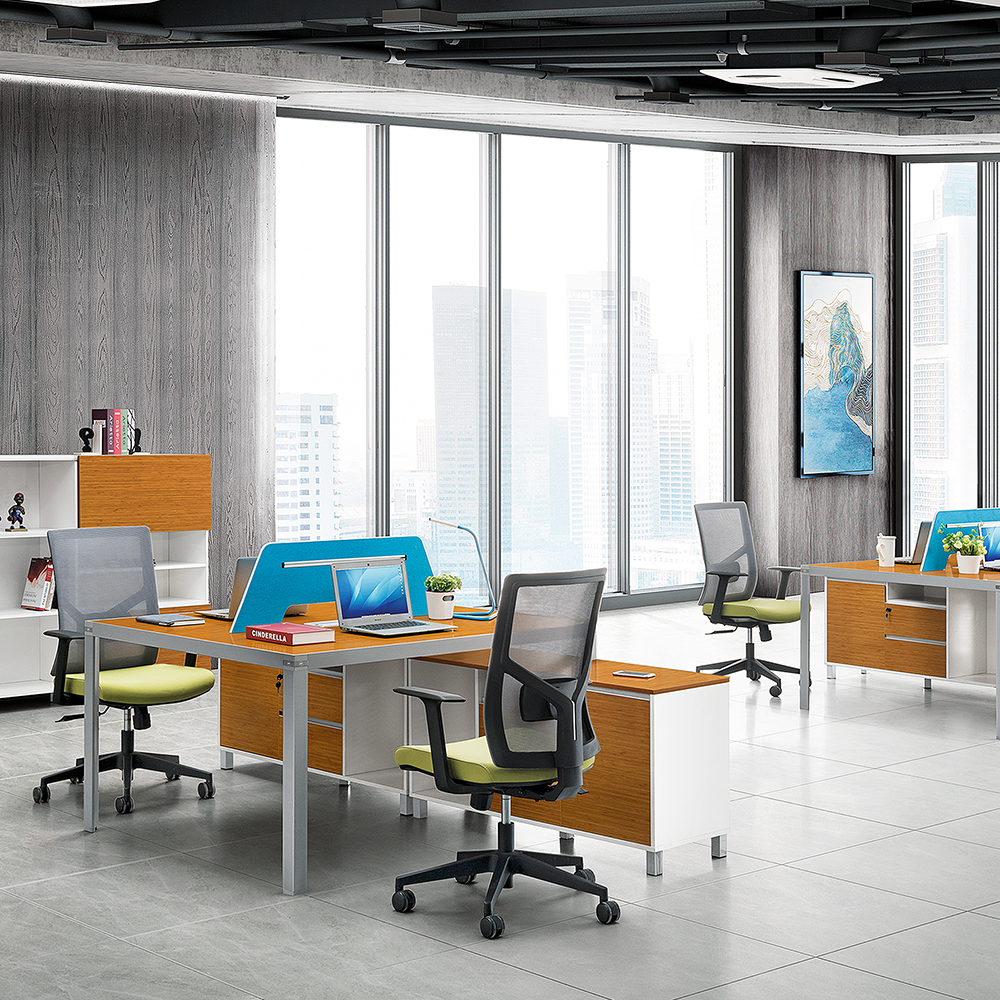 Modern L-shaped Bambu Office Workstation with Side Cabinets|For 2 persons|Double Seats